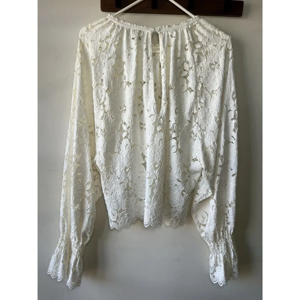 Free People White Lace Ruffle Sleeve Round Neck Women's Blouse Size S